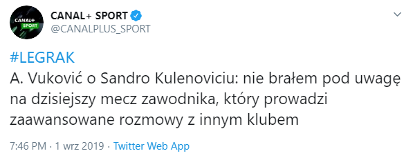 Vuković wyjaśnił dlaczego w kadrze meczowej nie ma Kulenovicia